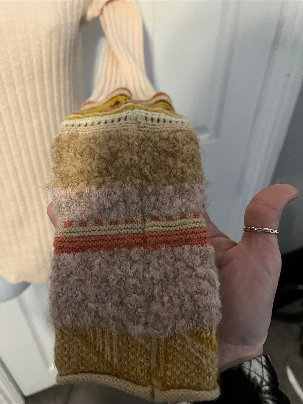 Free People Soft Peach Turtleneck Sweater with Patterned Cuffs Arm Warmer